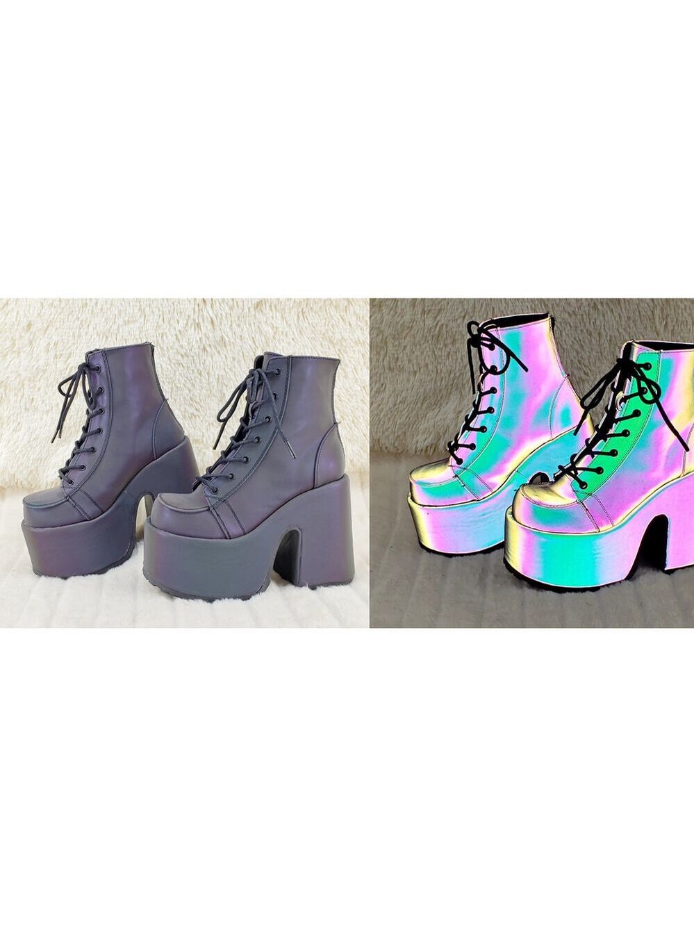 NIB DEMONIA Camel 203 Purple Green Reflective Platform Goth Punk Ankle Boots NY